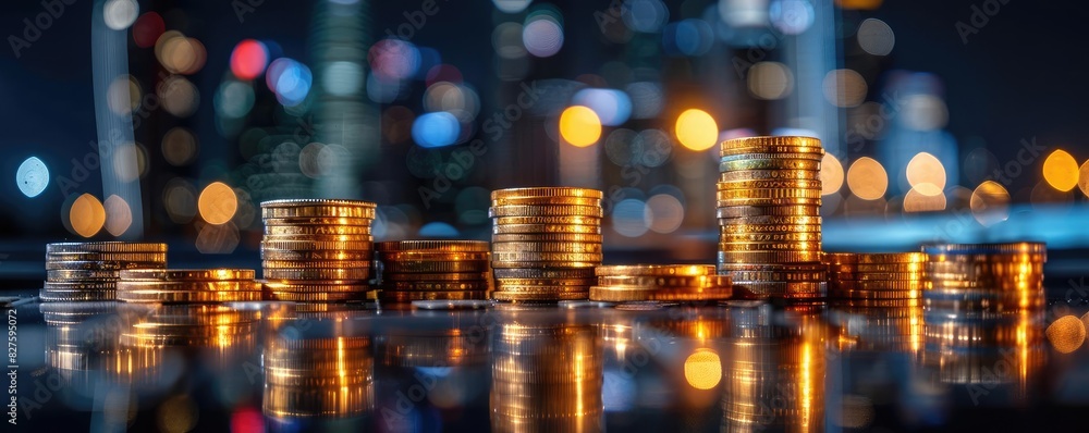 Stacks of gold coins reflecting city lights, symbolizing wealth, finance, and investment in a vibrant urban setting. Stacks of gold coins reflecting city lights, symbolizing wealth, finance, and investment in a vibrant urban setting.