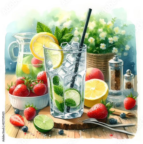 Watercolor painting of a glass of ice refreshing lemonade on a wooden table. lime, strawberry