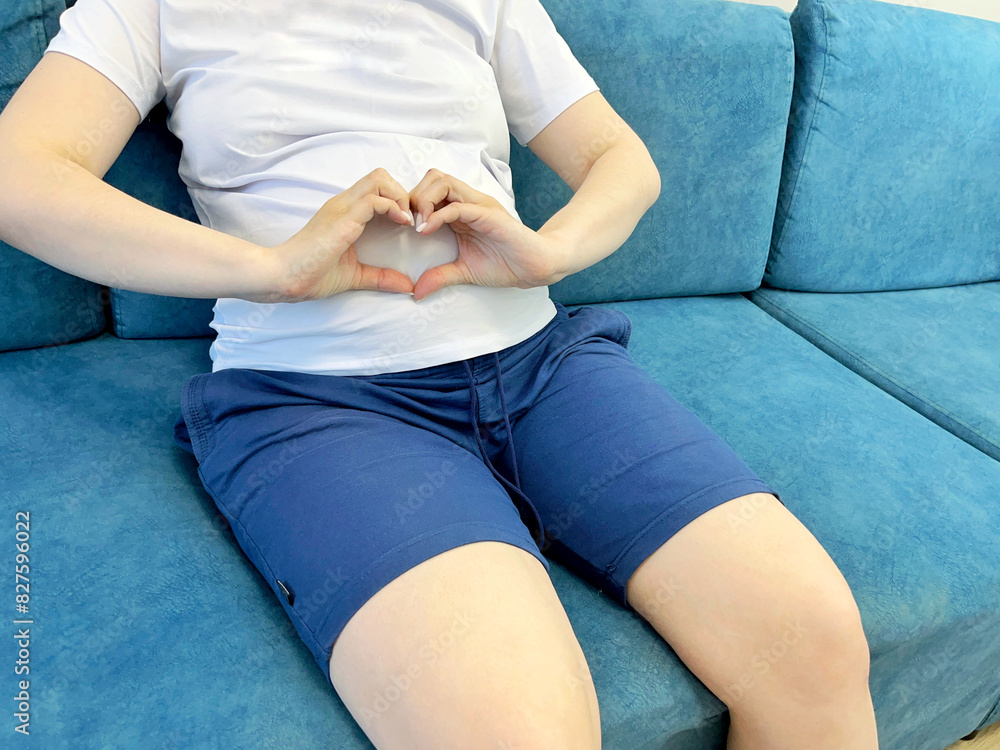Pregnant woman sits on the couch and holds her hands on her stomach in the shape of a heart. International Day of the Midwife. Mothers Day. International Day of Families. Lazy Mom Day Pregnant woman sits on the couch and holds her hands on her stomach in the shape of a heart. International Day of the Midwife. Mothers Day. International Day of Families. Lazy Mom Day
