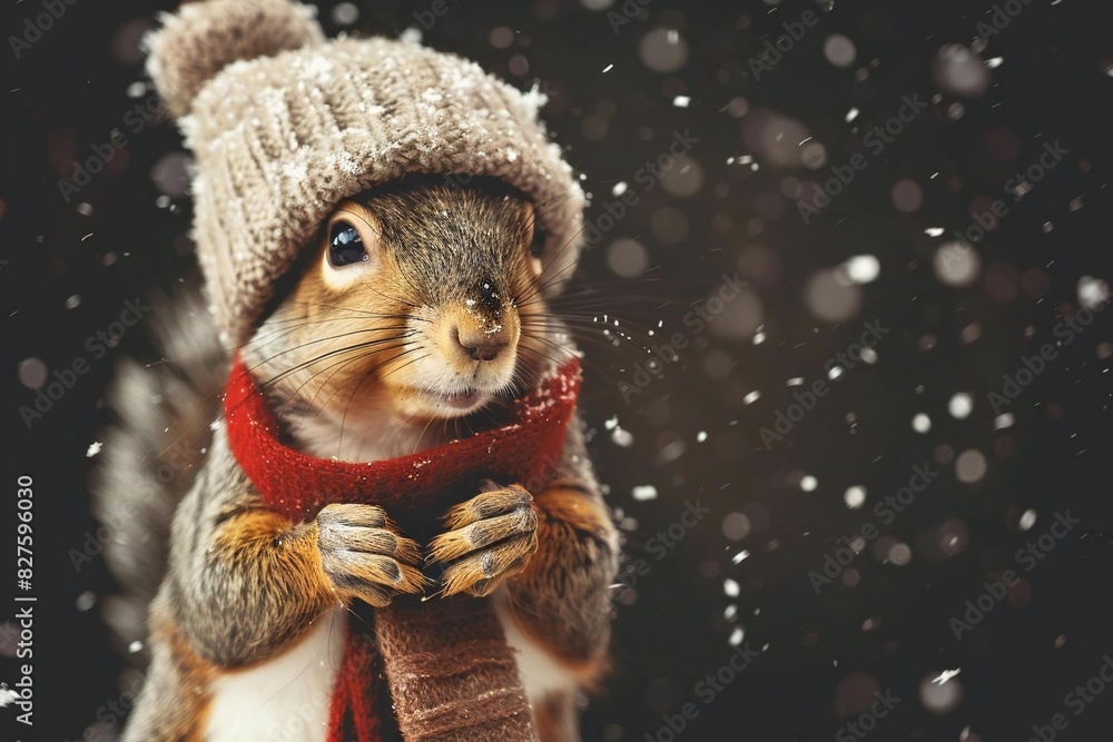 Obraz premium Squirrel wearing warm hat and scarf standing outside in snowfall in winter on black background