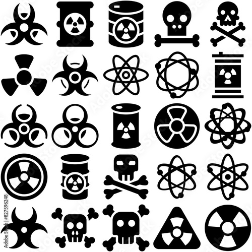 A Collection Of Danger Isolated Silhouette Solid Icons With Toxicant,Warning,Danger,Discovery,Nuclear Stroke Icon Collection. Vector Illustration