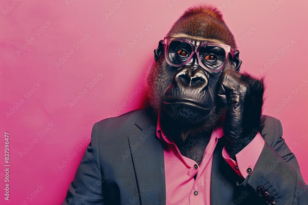Smart Gorilla in suit and glasses on pink background. Smart Gorilla in suit and glasses on pink background.