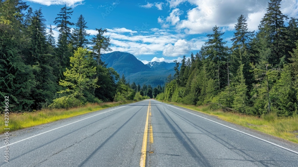 An empty road with pine trees on both sides, in the Pacific Northwest, real photo