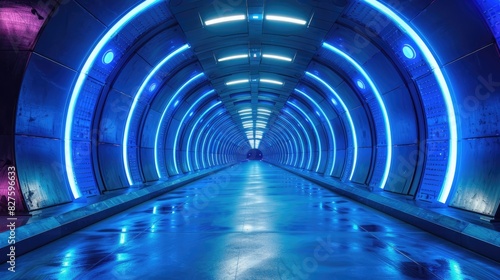 A long, futuristic tunnel with blue lights.