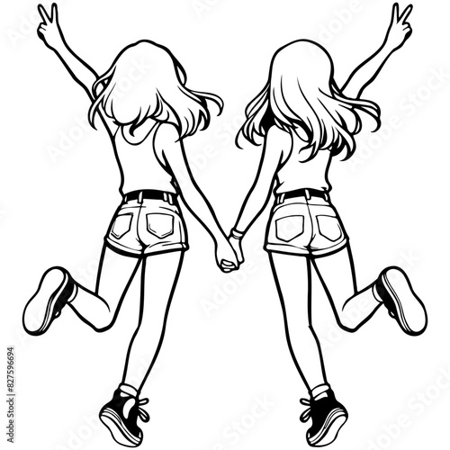 Girl Friends Sketch Drawing.