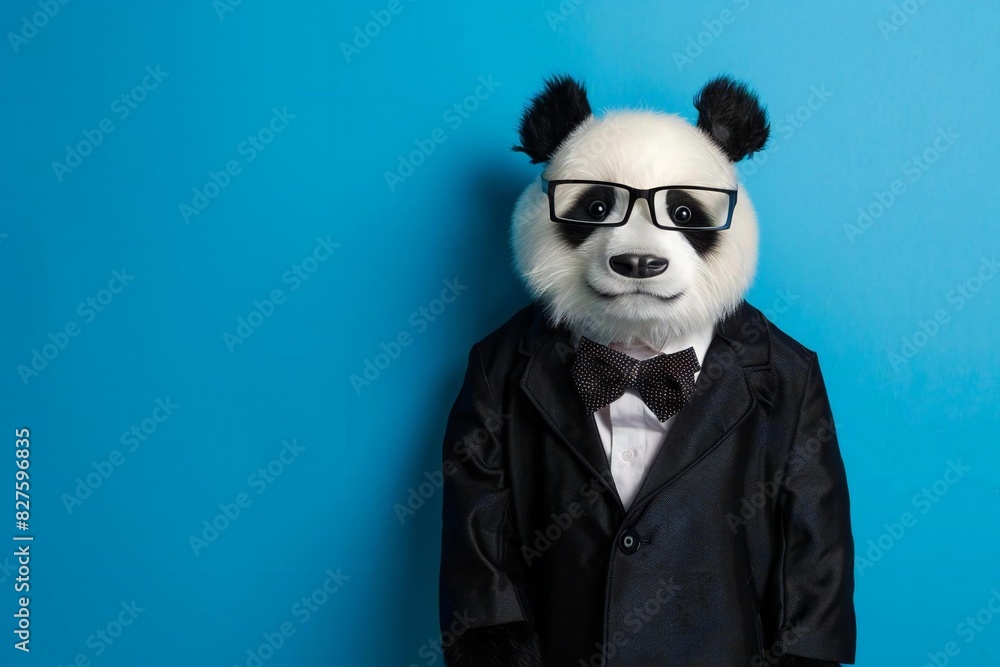 Smart panda in suit and glasses on blue background. Smart panda in suit and glasses on blue background.