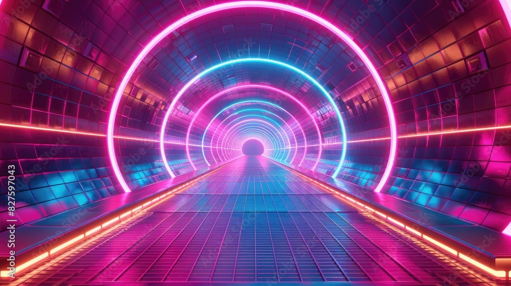 Obraz premium Glowing tunnel with neon lights.