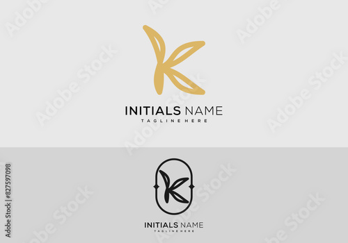 Line art logo design letter k combination with leaf 