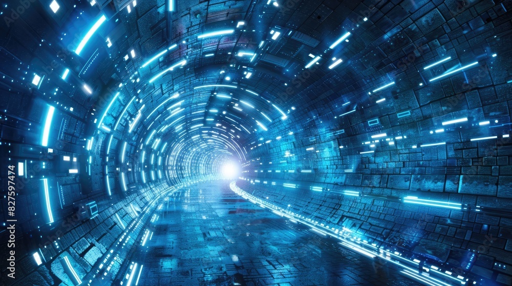 A 3D rendering of a futuristic tunnel with blue glowing lights. A 3D rendering of a futuristic tunnel with blue glowing lights.
