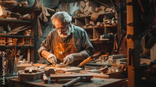 An experienced artisan carefully shapes wooden elements  demonstrating the art of fine woodworking in his cluttered workshop