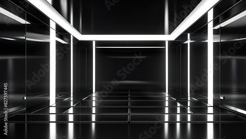 3d render empty room, corridor perspective background with shiny reflective lights.