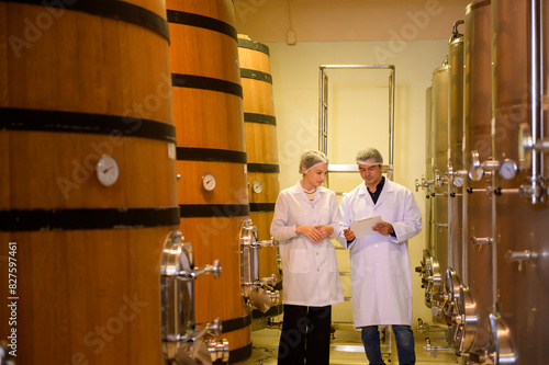 Professional winemaker controlling wine making process and quality at winery factory