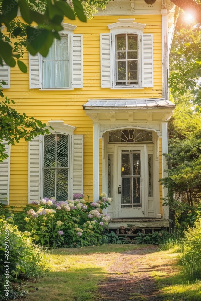An exterior shot of an old yellow house with white shutters, sunlight shining through the windows and open door,