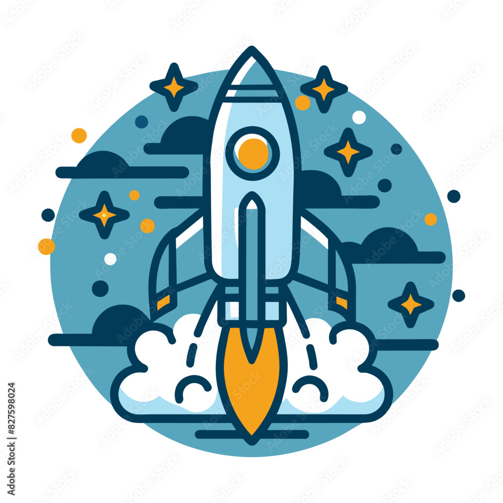 Cartoon rocket ship launching into space with clouds and stars Cartoon rocket ship launching into space with clouds and stars