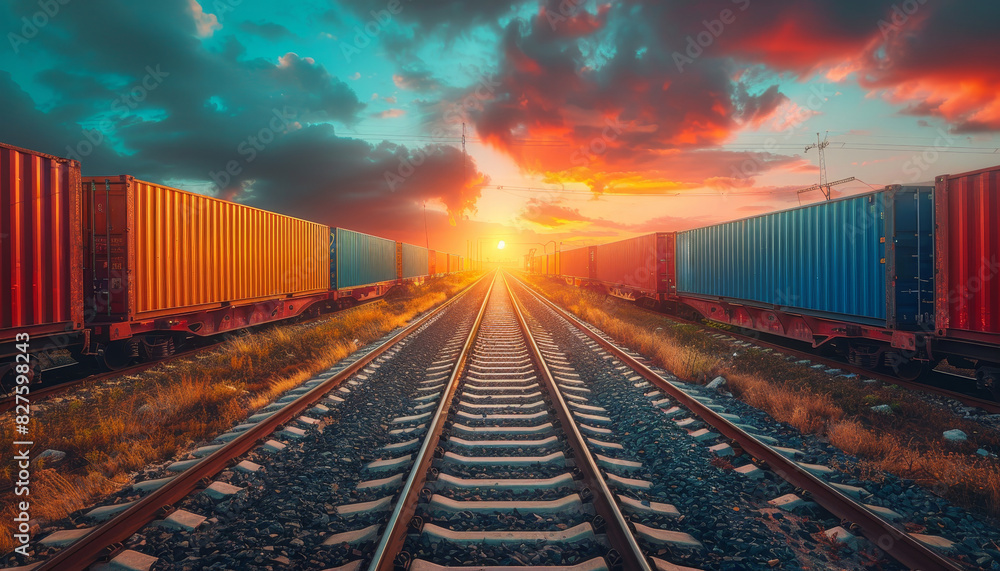 Fototapeta premium A train track with a sunset in the background by AI generated image