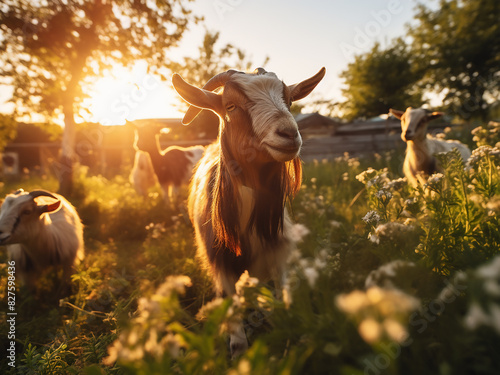 Goats graze peacefully in a backyard as the summer sun sets