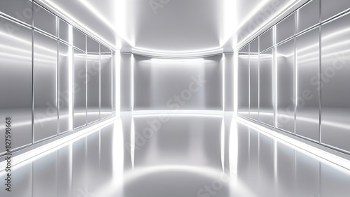 3d render empty room, corridor perspective background with shiny reflective lights.