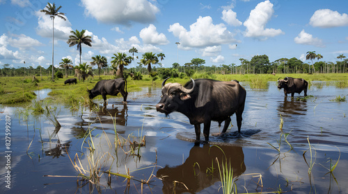 Buffaloes in a region of flooded fields, generative AI photo