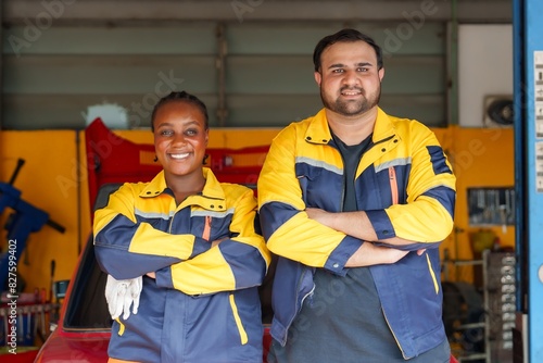 Two car mechanics, one African woman and one Asian man, standing in garage. Wearing blue and yellow uniforms, smiling confidently. Background shows tools and equipment, representing teamwork,