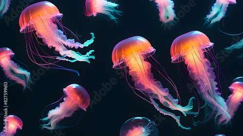Jellyfish floats in deep water. Neon style, Generative AI