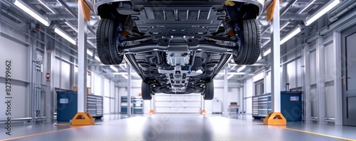 Undercarriage view of a car lifted for maintenance in a modern workshop, professional and clean, detailed mechanical work, perfect for automotive service advertisements, copy space