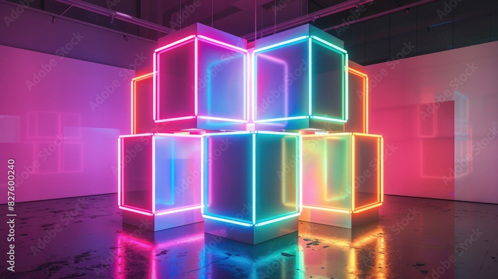 Glowing neon cubes in an empty room. Glowing neon cubes in an empty room.