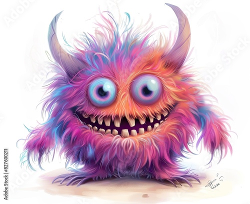 A furry monster with big eyes and a wide smile. The fairy tale character is handmade. Illustration for varied design.