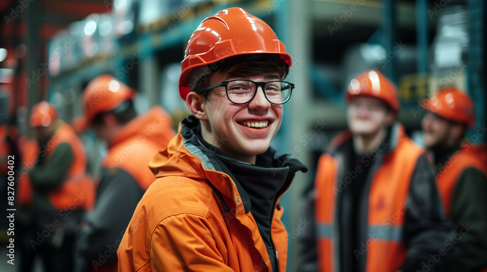 Smiling Workers in Hard Hats Standing in Warehouse Smiling Workers in Hard Hats Standing in Warehouse