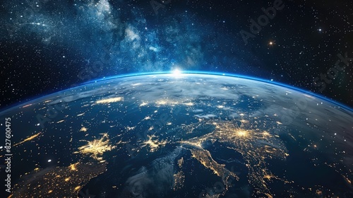 the Earth from space at night. The view is centered on Europe and Africa. The lights of the cities are visible at night. photo