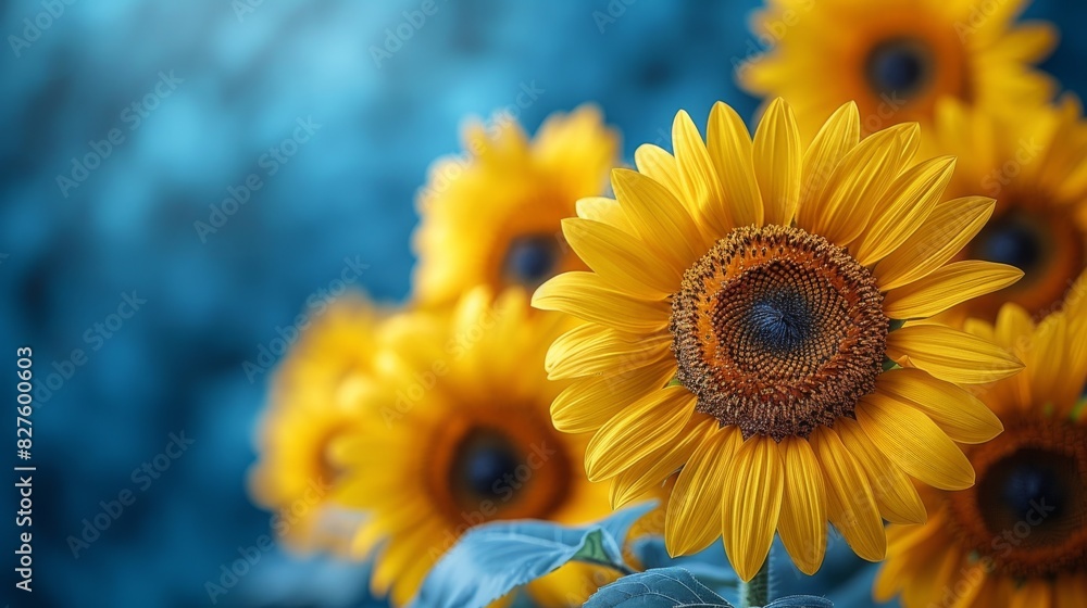 Bright yellow sunflowers with a deep blue sky in the background, suitable for vibrant summer event flyers Bright yellow sunflowers with a deep blue sky in the background, suitable for vibrant summer event flyers