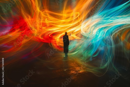 solitary figure standing against vibrant swirling light painting in the dark long exposure abstract photo © Lucija