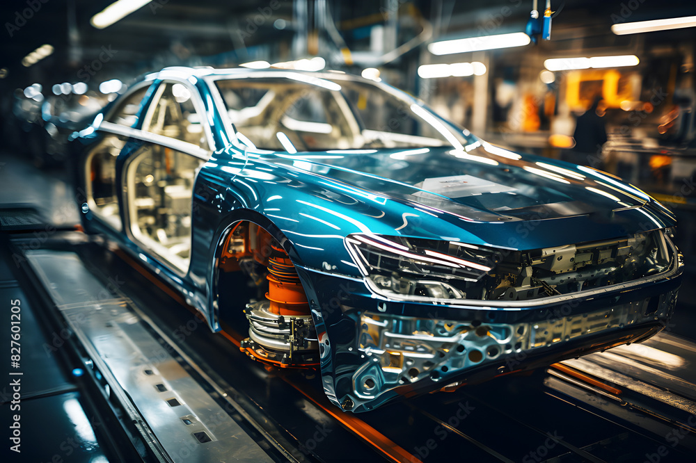 Holographic of digital model car in factory. Automobile Design Engineers working in virtual reality prototype of electric car chassis. Automotive innovation facility: Vehicle generated with software. Holographic of digital model car in factory. Automobile Design Engineers working in virtual reality prototype of electric car chassis. Automotive innovation facility: Vehicle generated with software.