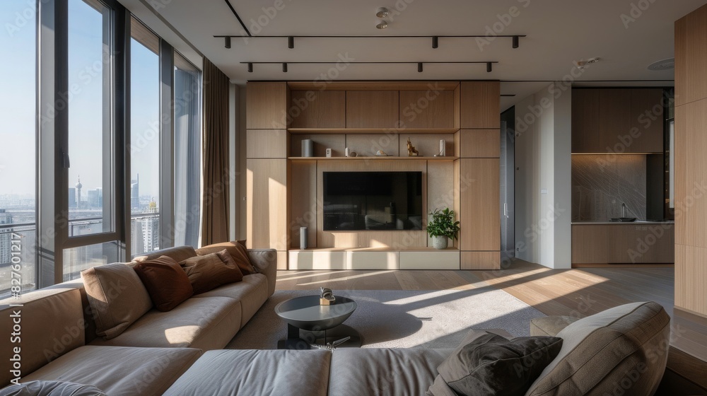 A living room with a modern sofa, a minimalist media console, and large windows A living room with a modern sofa, a minimalist media console, and large windows