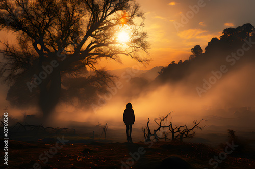 Abstract Texture.	View of light and shadow boy from behind walking in amidst dust and fog with orange sunlight in evening are trees and mountains background. Realistic nature clipart template pattern. photo