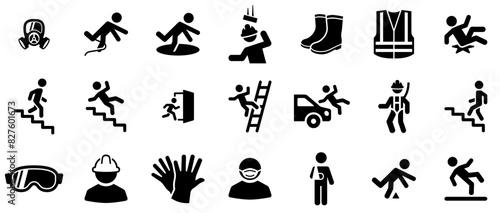 Set Of Linear Workplace Safety Icons Silhouette Vector Logo Design Containing Fall,Falling,Down,Safety,Accident Outline Icons Collection. Simple Vector Illustration