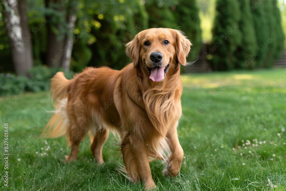 Golden Retriever Playfully Standing in Grass