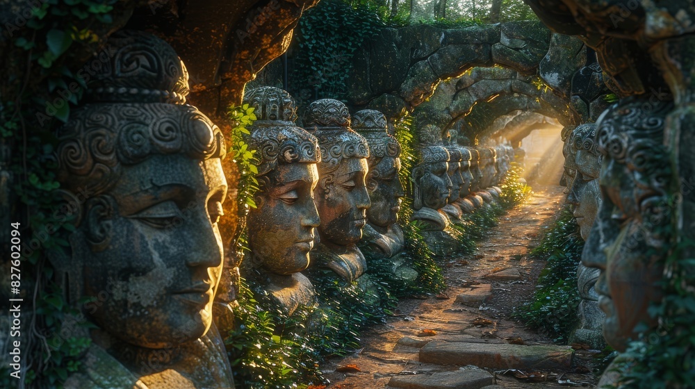 Fototapeta premium A row of statues of Buddha's face are lined up in a tunnel