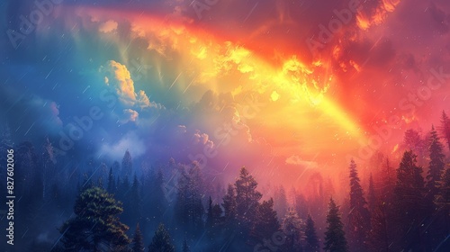 A colorful rainbow is seen in the sky above a forest © จิดาภา มีรีวี
