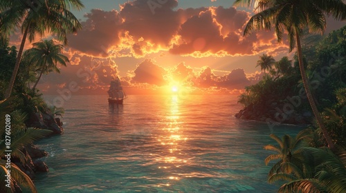 A pirate cove with hidden treasures and a tropical sunset sky