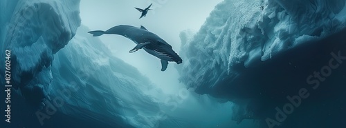 A juxtaposition of scale and speed in a cinematic frame, with a whale beneath glacier cliffs and a hummingbird darting overhead , ultra HD, super-detailed, professional color grading photo