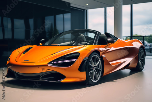 An orange  hypercar is parked in showroom