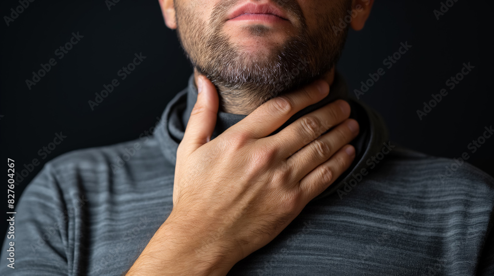 Man touching his throat with a concerned expression, suggesting discomfort or pain. Man touching his throat with a concerned expression, suggesting discomfort or pain.
