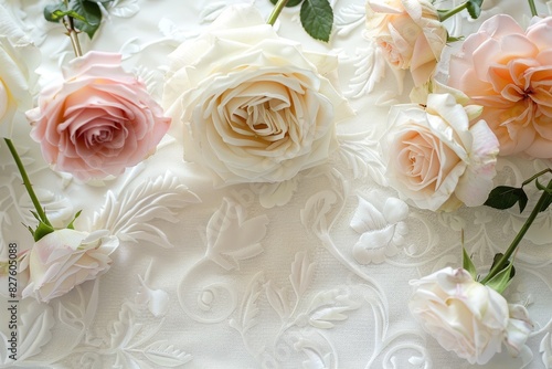 Gentle Hues Of Elegance. Roses Delicately Laid Upon Embroidered Cloth. Generative AI