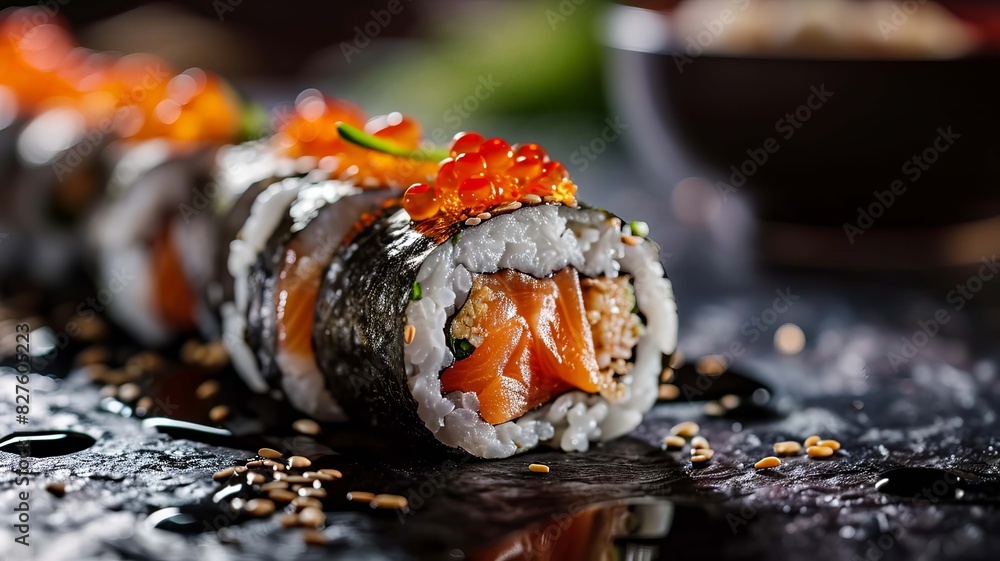 Sushi rolls are served on a wooden board. selective focus. Generative AI, Sushi rolls are served on a wooden board. selective focus. Generative AI,