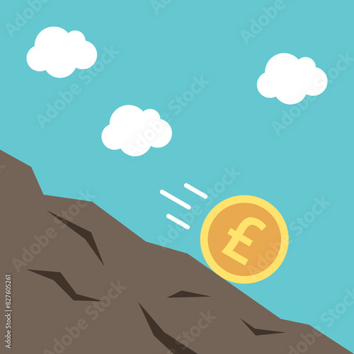 British pound sterling coin rolling downhill. Inflation, financial crisis, exchange rate decrease and savings devaluation concept. Flat design. EPS 8 vector illustration, no transparency, no gradients