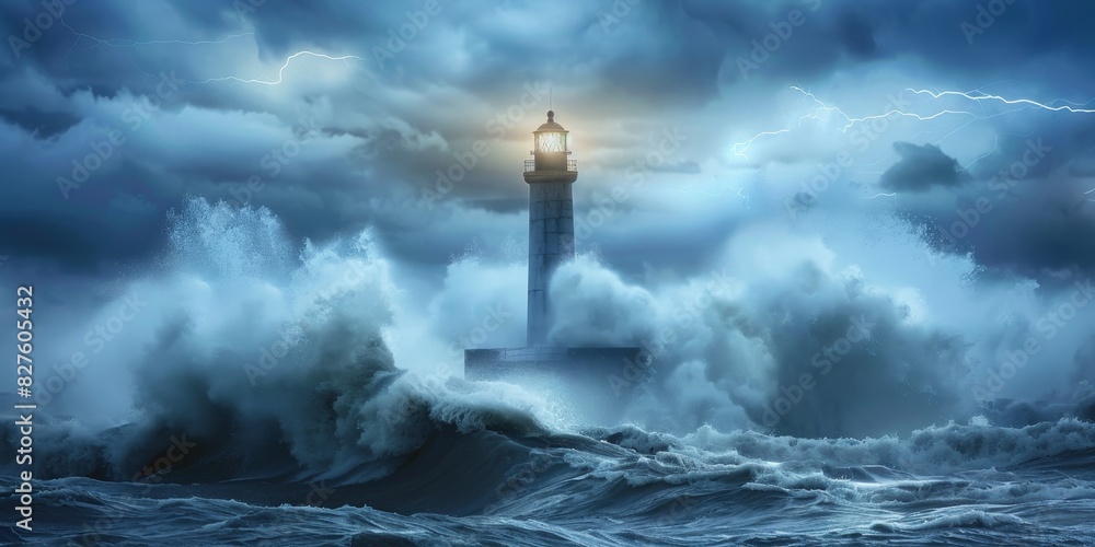 A solitary lighthouse standing tall amidst crashing waves generated by AI A solitary lighthouse standing tall amidst crashing waves generated by AI