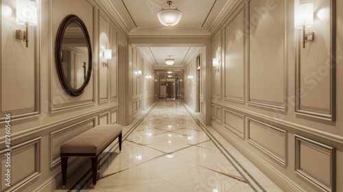 A hallway with a single bench   a large mirror   and no additional decorations