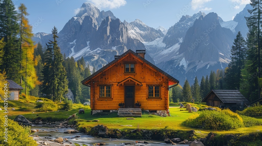 Cozy wooden cabin nestled in a picturesque alpine landscape with towering mountains, lush green meadows, and a gently flowing stream.