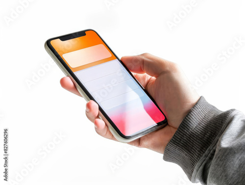 Close-up of a smartphone screen with a notification icon, person's hand holding the phone, isolated on white background, digital communication, copy space, stock photo