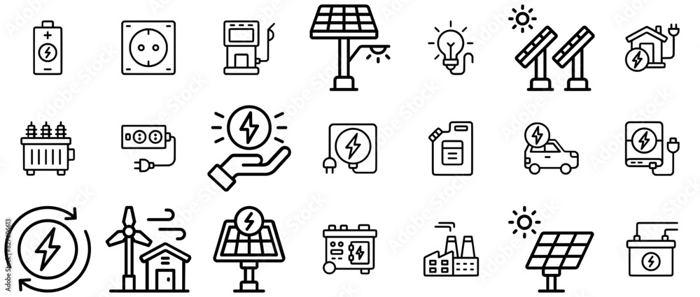 Set Of Renewable Energy Icons Web Header Banner Design Containing Energy,Electric,Electricity,Technology,Environment Stroke Icon Collection. Vector Illustration Set Of Renewable Energy Icons Web Header Banner Design Containing Energy,Electric,Electricity,Technology,Environment Stroke Icon Collection. Vector Illustration